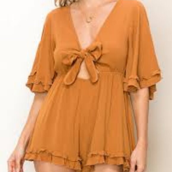 HYFVE Rust Orange Brown Ruffle Bell Sleeve Front Knot Romper - Picture 1 of 9